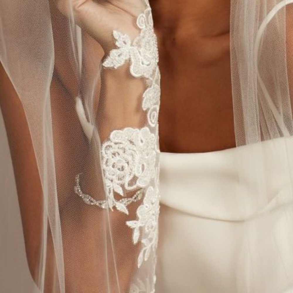 Ivory Embroidered Beaded Floral Scroll Cathedral Veil NWT - Picture 4 of 9